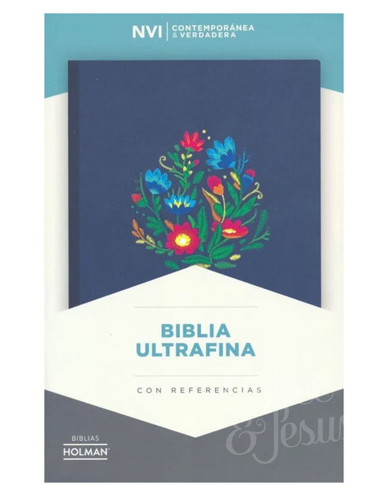 Biblia ultrafina, azul bordado sobre tela - NVI