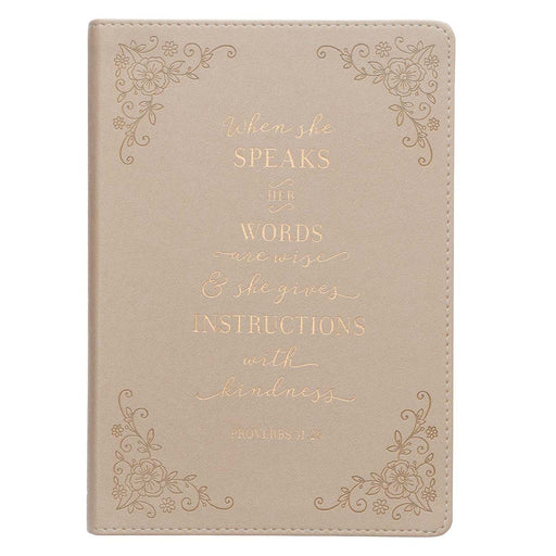 When She Speaks Taupe Faux Leather Classic Journal - Proverbs 31:26