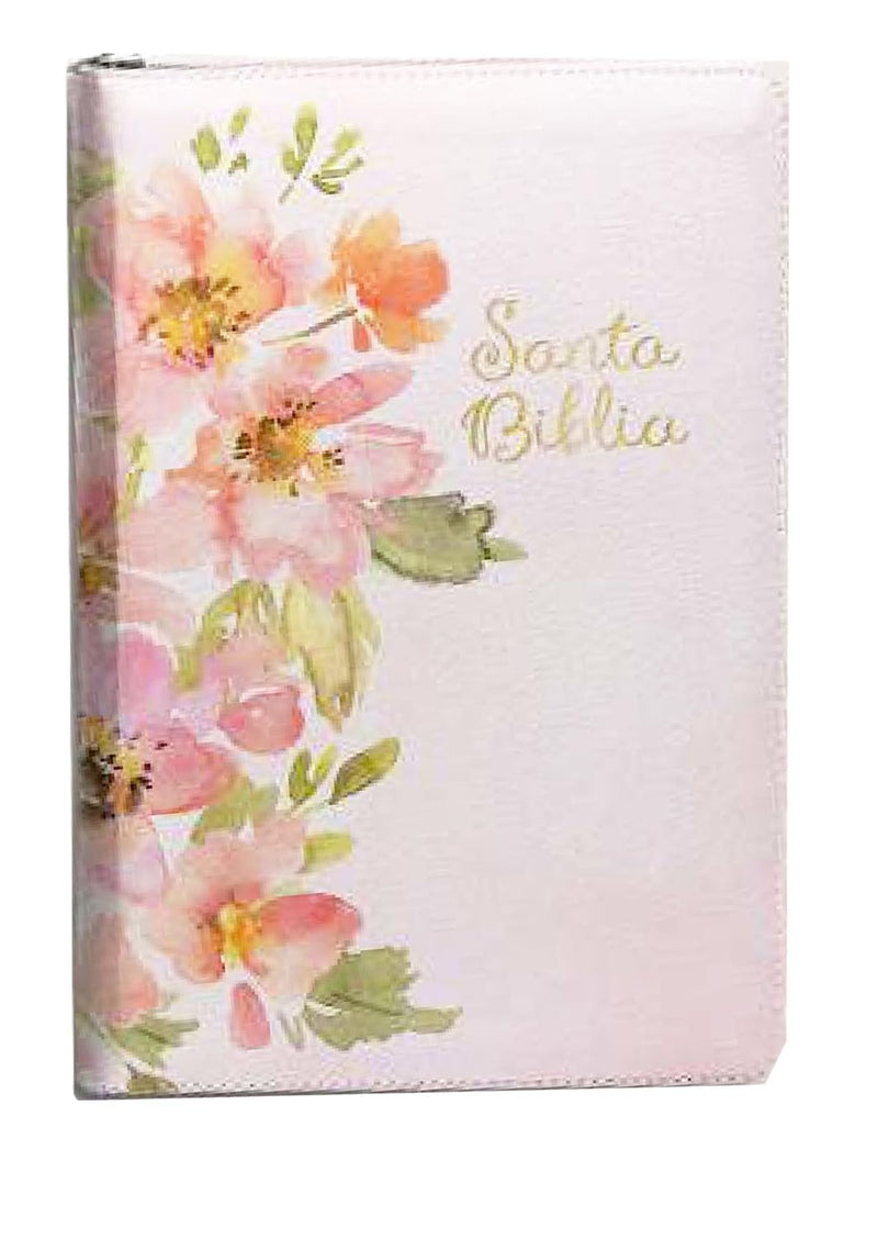 Biblia Letra Grande, Tamano Manual con Cierre e Índice Sïmil piel en color rosa y diseno Jardin - RVR 1960
