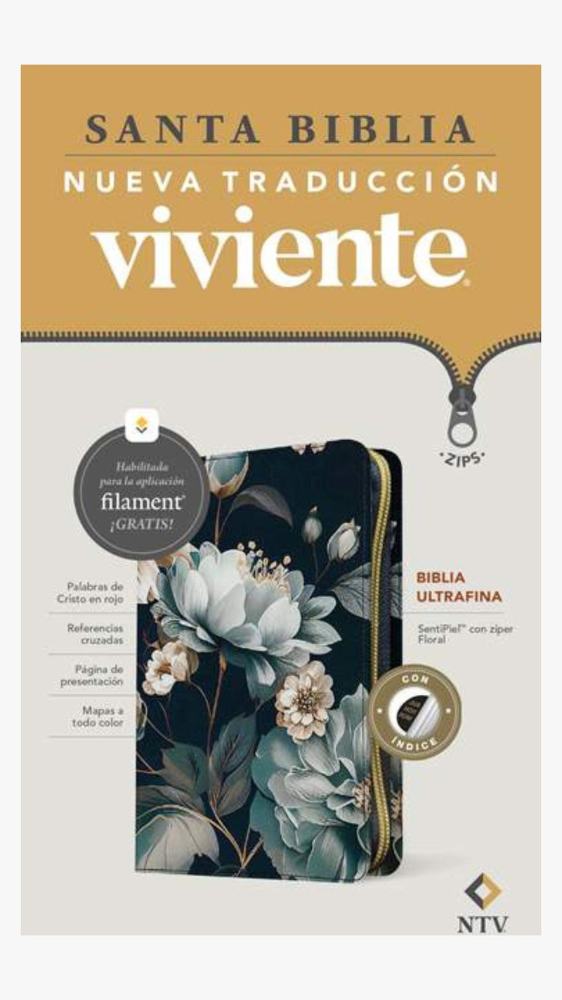 Biblia ultrafina NTV de zíper, con Filament (SentiPiel, Floral, Índice, Letra Roja)
