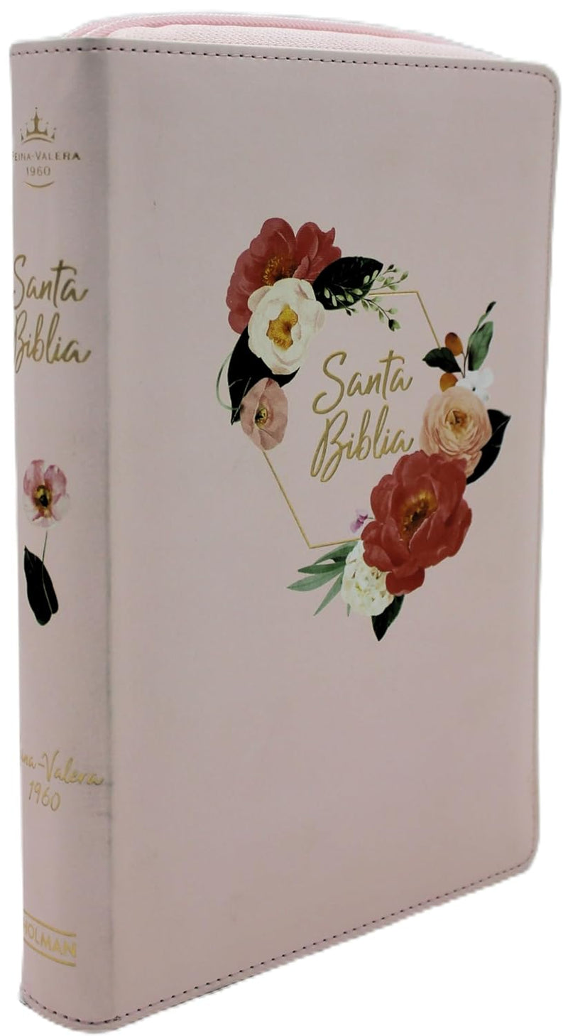 Biblia  Letra Grande Tamano Manual con Cierre Indice Semil Piel en color Durazno con flores- RVR 1960