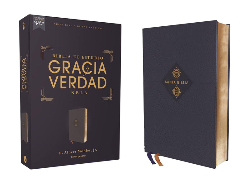Biblia de estudio gracia y verdad, azul marino e interior a dos colores - NBLA