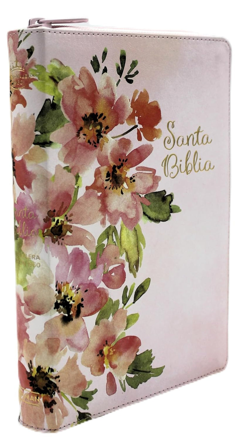 Biblia Letra Grande, Tamano Manual con Cierre e Índice Sïmil piel en color rosa y diseno Jardin - RVR 1960