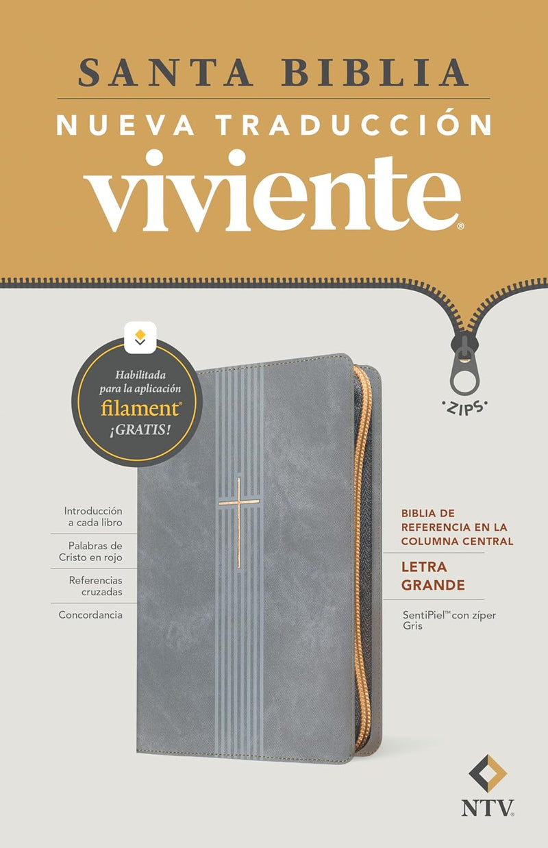 Biblia de referencia, letra grande de zíper con Filament, SentiPiel Gris, Letra Roja - NTV