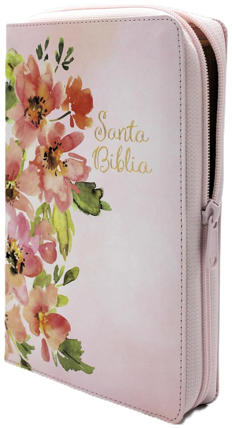 Biblia Letra Grande, Tamano Manual con Cierre e Índice Sïmil piel en color rosa y diseno Jardin - RVR 1960