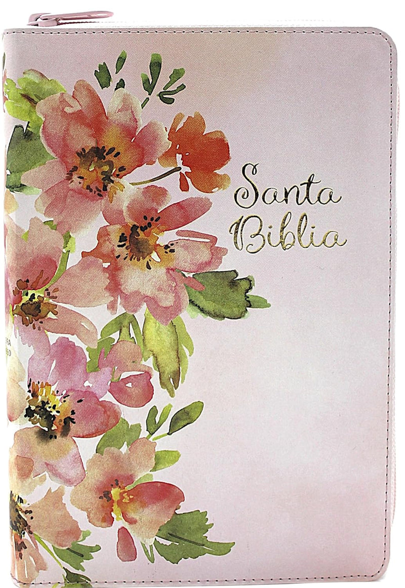 Biblia Letra Grande, Tamano Manual con Cierre e Índice Sïmil piel en color rosa y diseno Jardin - RVR 1960