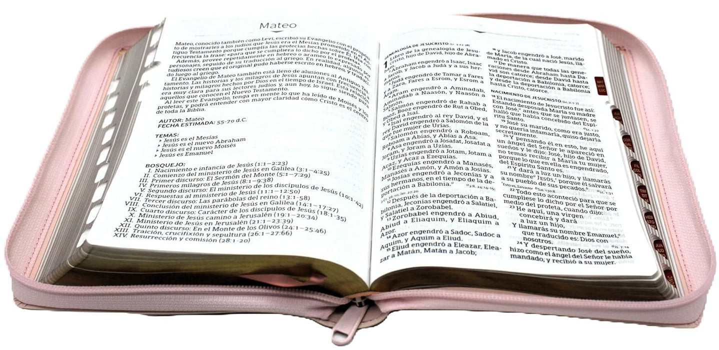 Biblia  Letra Grande Tamano Manual con Cierre Indice Semil Piel en color Durazno con flores- RVR 1960