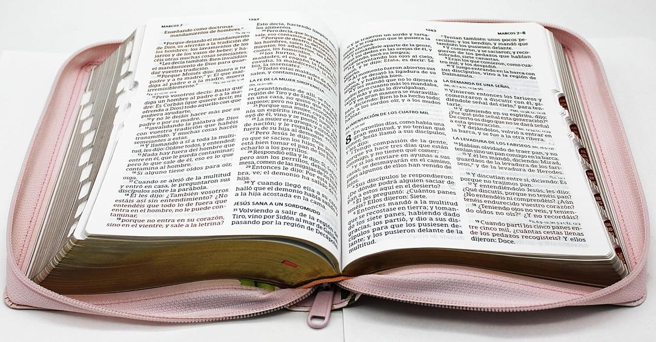 Biblia  Letra Grande Tamano Manual con Cierre Indice Semil Piel en color Durazno con flores- RVR 1960