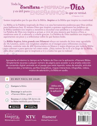 BIBLIA INSPIRA, LETRA GRANDE CON FILAMENT, COLOR ROSA PRIMAVERAL - NTV