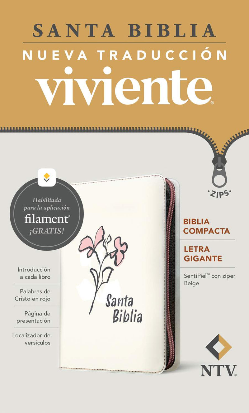 Biblia Compacta Letra Gigante Beige - NTV con Zipper y Filament