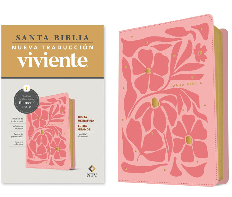 Biblia Ultrafina Flores Rosa - Letra Grande NTV con Filament