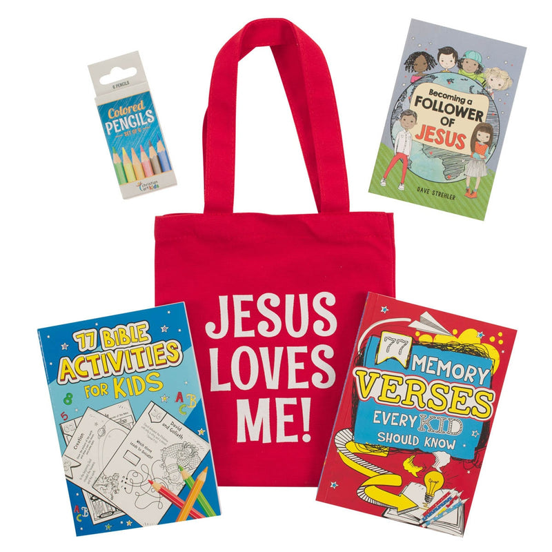 Kit de actividades para niños color rojo " Jesus Loves me"