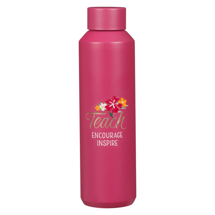 BOTELLA DE AGUA EN ACERO INOXIDABLE, COLOR ROSA "TEACH, ENCOURAGE, INSPIRE"