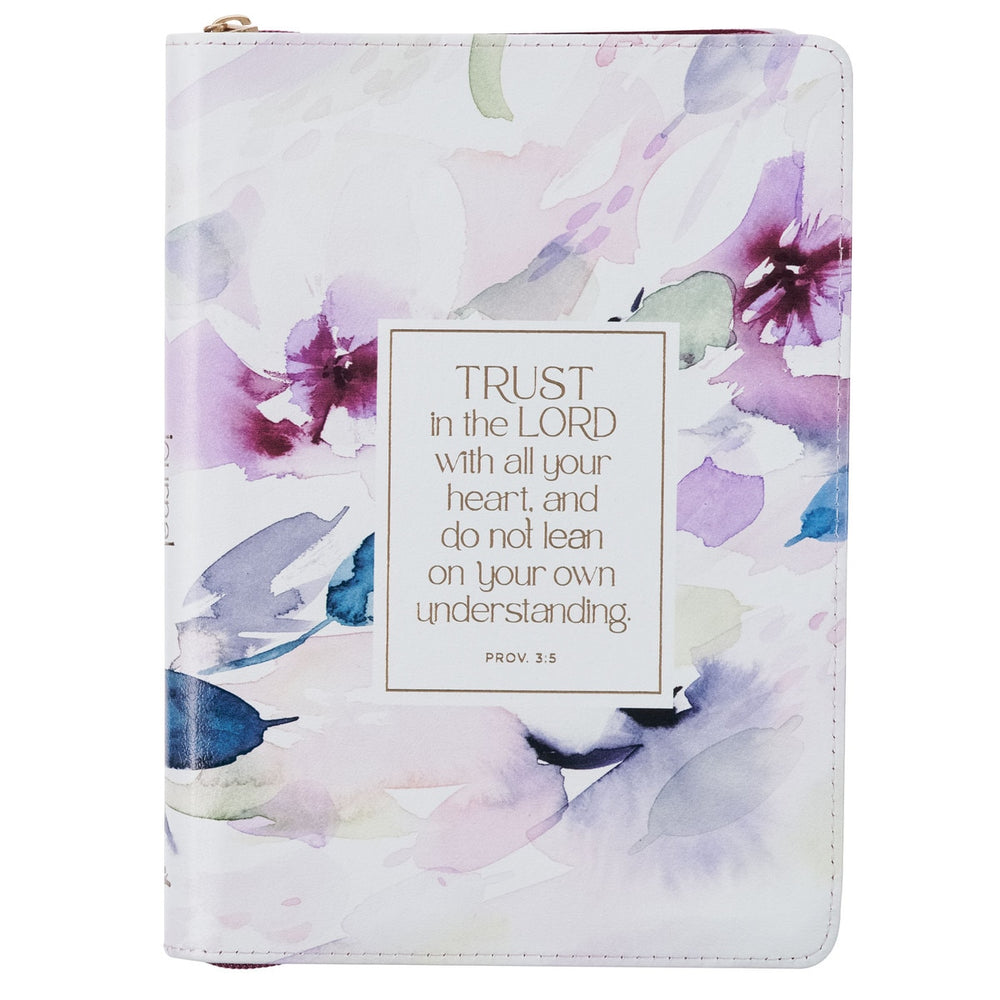 DIARIO DE PIEL SINTÉTICA CON CIERRE DE CREMALLERA, DISEÑO FLORAL "TRUST IN THE LORD "