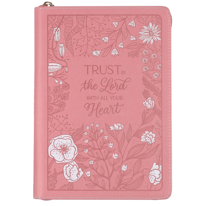 DIARIO CLÁSICO DE PIEL SINTÉTICA, COLOR ROSA CON CREMALLERA "TRUST WITH ALL YOUR HEART"