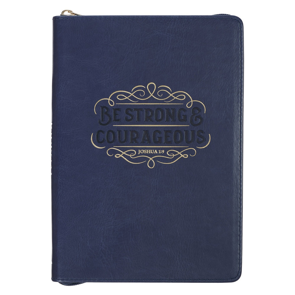 DIARIO DE PIEL SINTÉTICA CON CIERRE DE CREMALLERA, COLOR AZUL " BE STRONG AND COURAGEOUS"