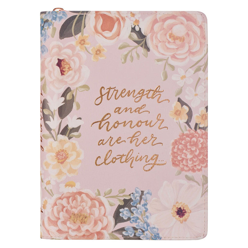 DIARIO CLÁSICO DE PIEL SINTÉTICA, DISEÑO FLORAL ROSA "STRENGTH AND HONOR"