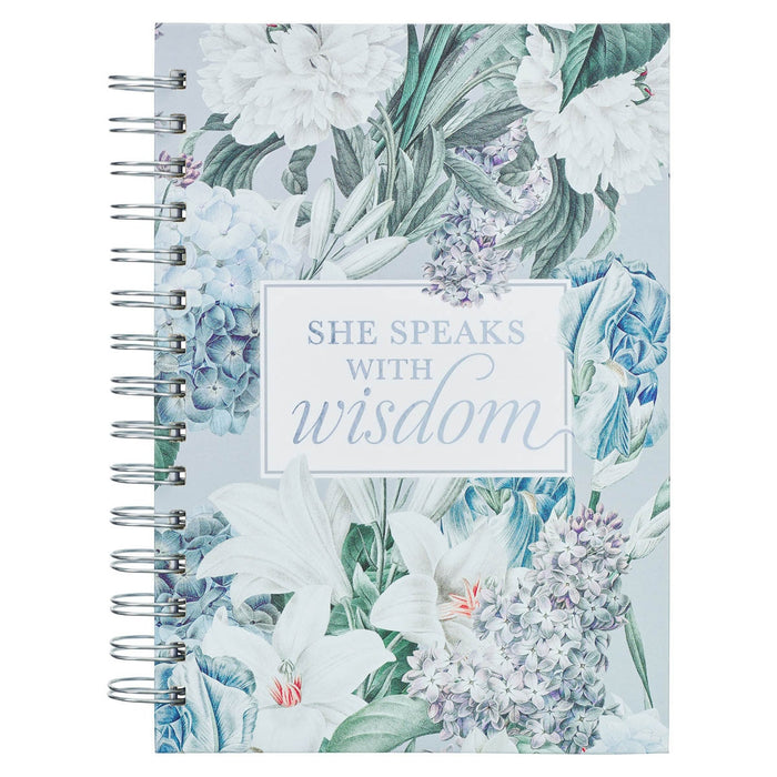 CUADERNO ARGOLLADO GRANDE CON FLORES AZULES "SHE SPEAKS WITH WISDOM"