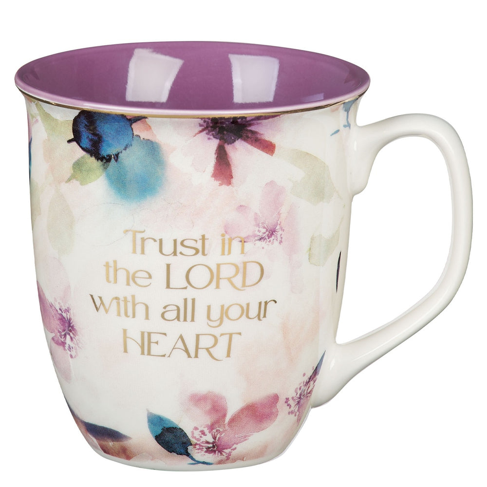 Mug púrpura flores de ciruelo "Trust in the Lord"