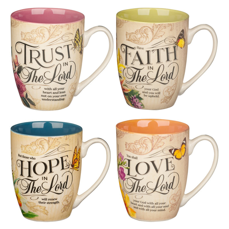 Juego de tazas florales, Faith Trust Hope and Love