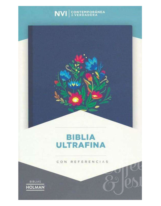Biblia ultrafina, azul bordado sobre tela con índice - NVI