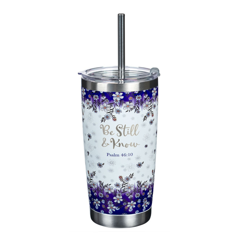 VASO PARA AGUA CON PITILLO AZUL FLORAL "BE STILL & KNOW"