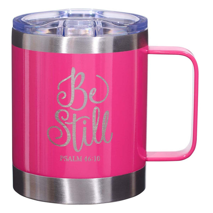 MUG CON TAPA ROSADO "BE STILL"