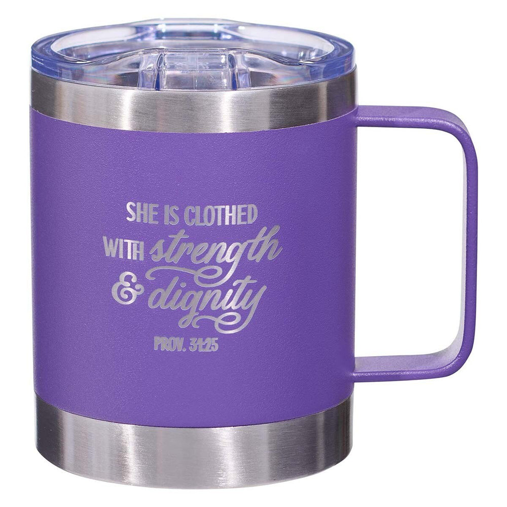 MUG CON TAPA PÚRPURA "STRENGTH & DIGNITY"