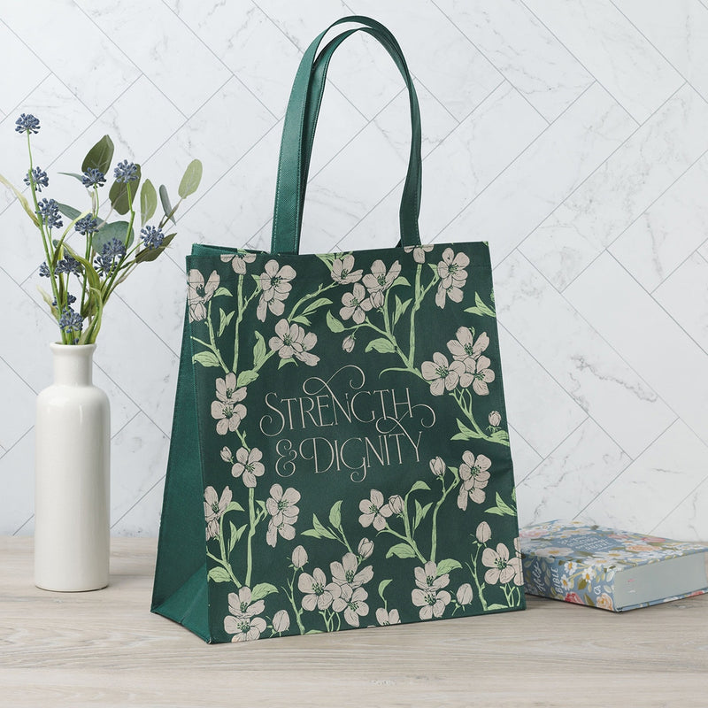 TOTE BAG VERDE FLORAL STRENGTH &} DIGNITY