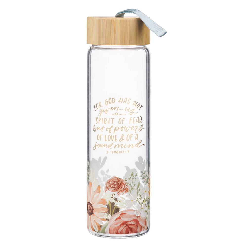 Botella de Vidrio Floral “Sin Temor” con Tapa de Bambú – 2 Timoteo 1:7
