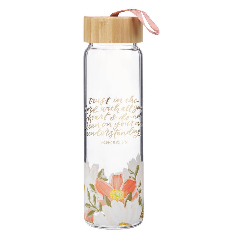 Botella de Vidrio Floral “Confía en el Señor” con Tapa de Bambú – Proverbios 3:5