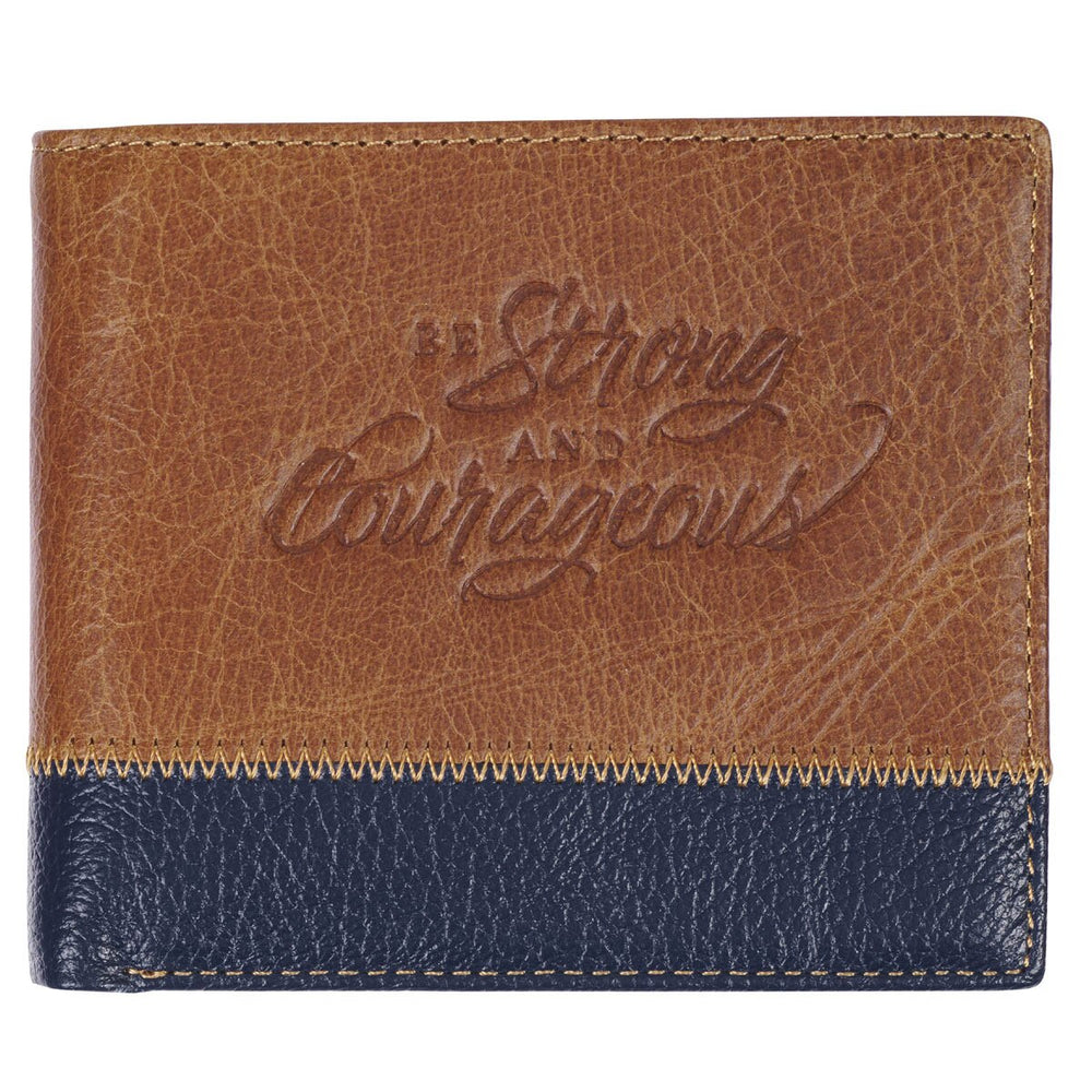 Billetera Strong & Corageous café y azul en cuero- Josué 1:9