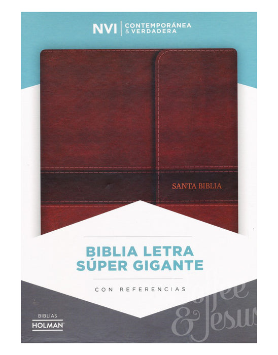 Biblia letra súper gigante, marrón símil piel con índice y solapa con imán - NVI