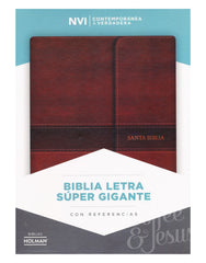 Biblia letra súper gigante, marrón símil piel con índice y solapa con imán - NVI
