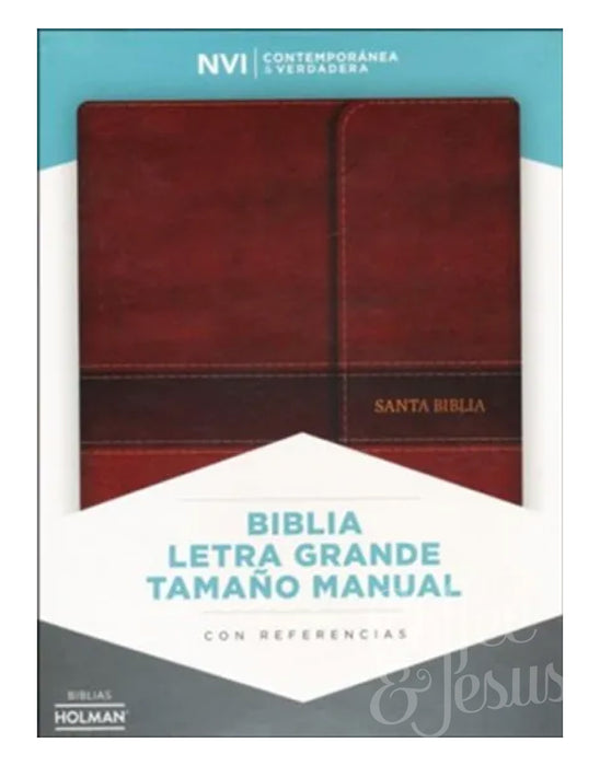 Biblia letra grande, tamaño manual marrón símil piel con índice y solapa con imán - NVI