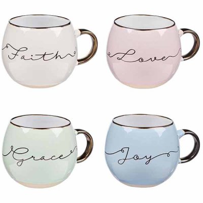 Mug Ceramica -  4 Piezas - Faith, Love, Grace and Joy