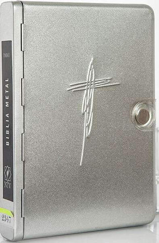 Biblia metal cruz, plata - NTV