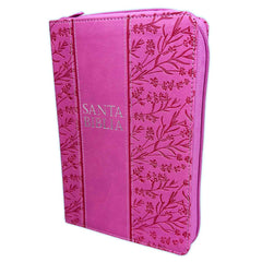 Biblia letra grande manual con cierre, imitación piel rosa floral con índice - RVR 1960