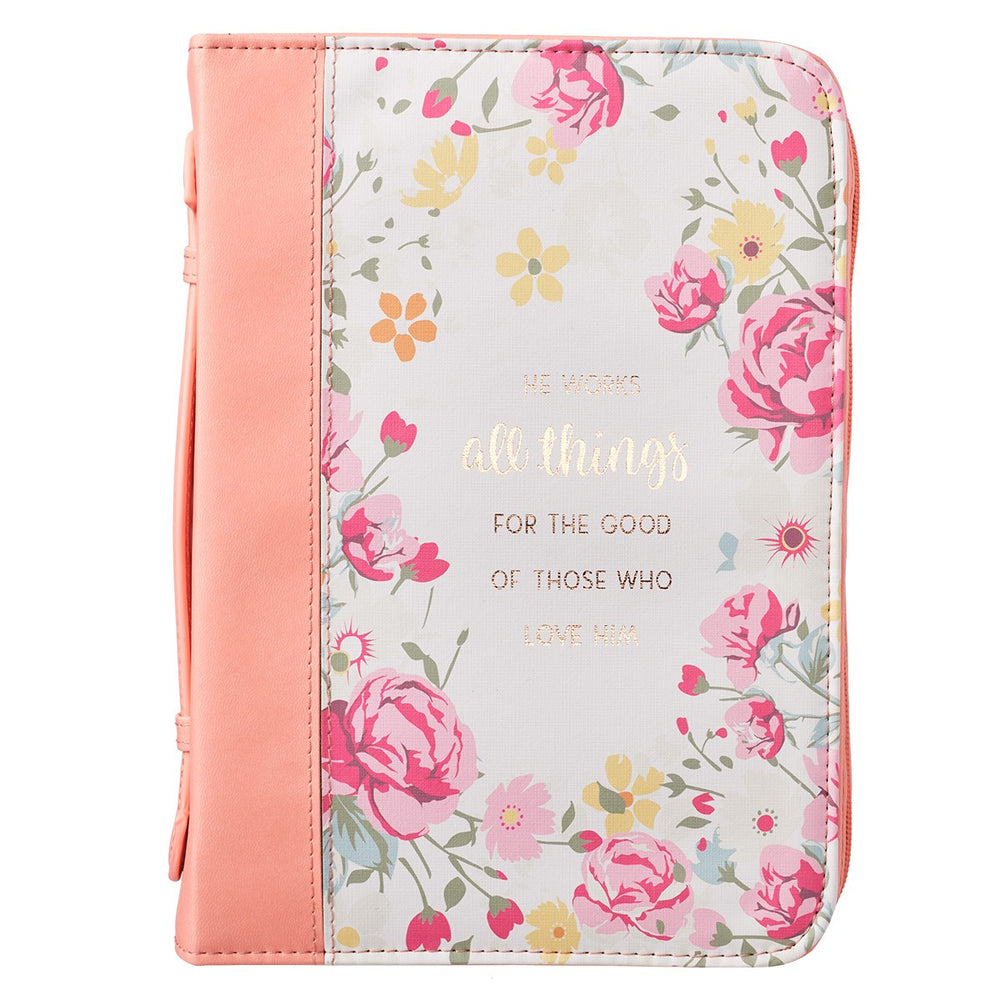 He Works All Things for Good (Él obra todas las cosas para bien)- Funda para Biblia de piel sintética con diseño floral de melocotón Romanos 8:28
