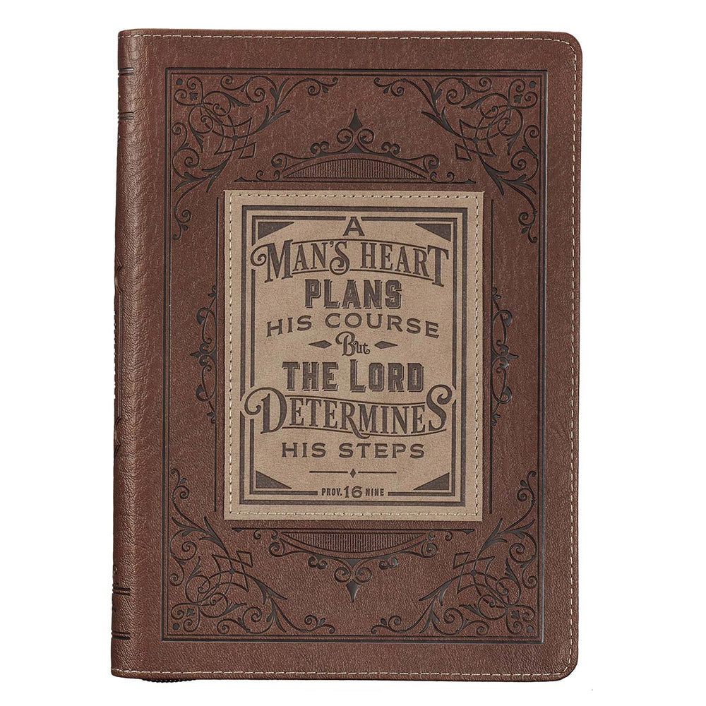 Diario con cremallera de cuero sintético clásico de A Man's Heart en marrón - Proverbios 16: 9