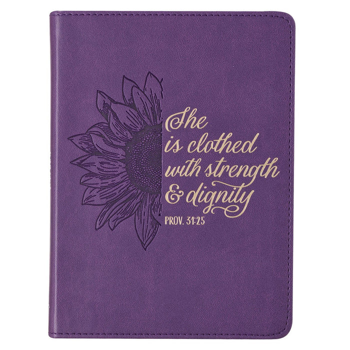 Diario de tamaño práctico de piel sintética de girasol morado de Strength & Dignity - Proverbios 31:25