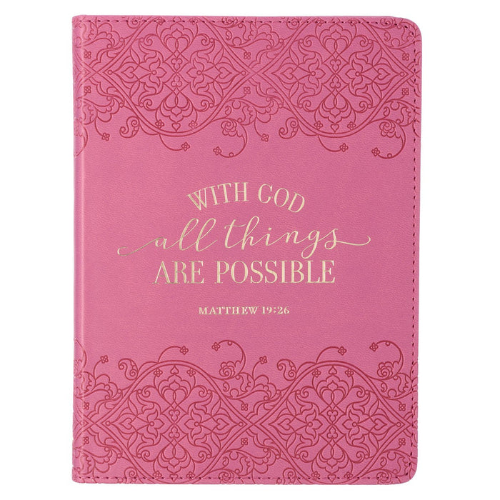 Diario de piel sintética rosa de tamaño práctico- With God All Things Are Possible