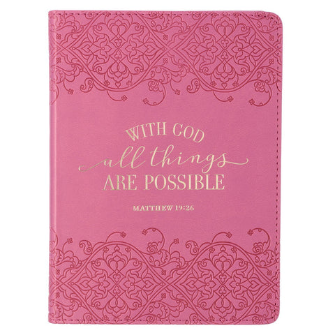 Diario de piel sintética rosa de tamaño práctico- With God All Things Are Possible
