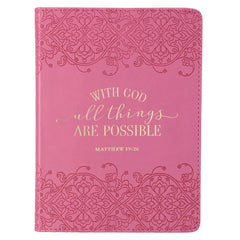 Diario de piel sintética rosa de tamaño práctico- With God All Things Are Possible