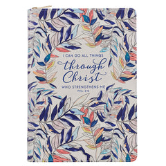 I Can Do All Things (Puedo hacer todo) Diario clásico de piel sintética con hojas dispersas y cierre de cremallera - Filipenses 4:13