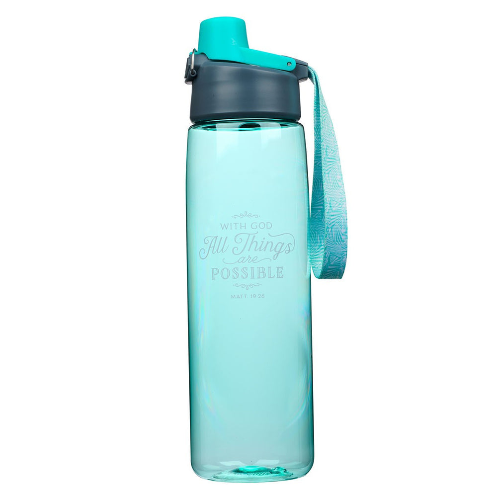 Botella de plástico para agua - All Things Are Possible Plastic Water Bottle in Teal - Matthew 19:26