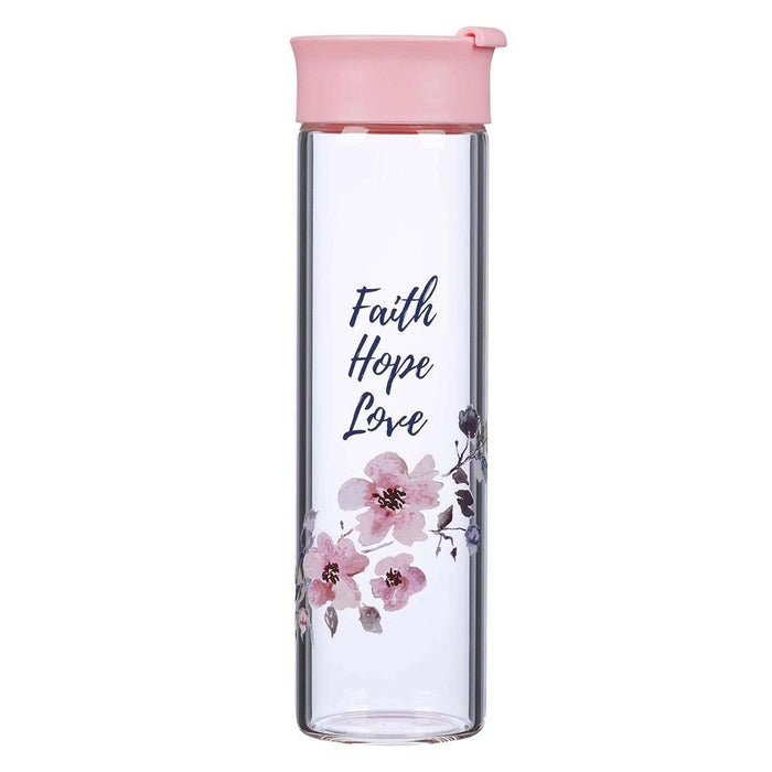 Botella de vidrio para agua - Faith Hope Love - Rosado - Coffee & Jesus