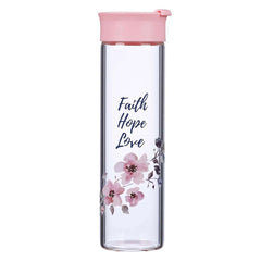 Botella de vidrio para agua - Faith Hope Love - Rosado